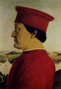 Piero della Francesca: Dittico dei duchi di Urbino: il “Ritratto di Federico II da Montefeltro”, cm. 47 x 33, Galleria degli Uffizi, Firenze.